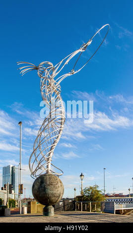 Beacon of Hope, the steal statue in Thanksgiving Square in Belfast, called  also Nuala with the Hula or Thing with the Ring Stock Photo