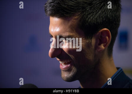 London, UK. 17th Nov, 2016. Barclays ATP Finals Novak Djokovic at the press conference after winning against Goffin. Credit:  Alberto Pezzali/Pacific Press/Alamy Live News Stock Photo