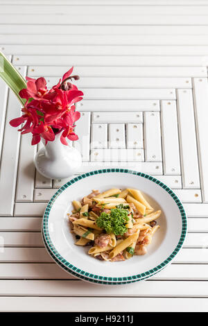 Bacon Aglio olio pasta with garlic and chilli Stock Photo