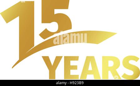 Isolated abstract golden 15th anniversary logo on white background. 15 number logotype. Fifteen years jubilee celebration icon. Fifteenth birthday emblem. Vector illustration. Stock Vector