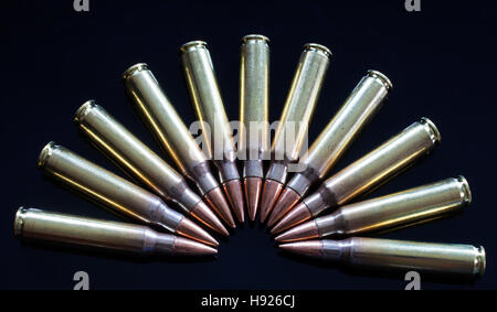 Rifle ammunition that has bullets with steel cores on a black background Stock Photo