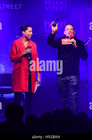 Heart FM presenters Margherita Taylor and Toby Anstis at Regent Street's Spirit of Christmas lights display, part of the largest Central London lights scheme this year. PRESS ASSOCIATION Photo. Picture date: Thursday 17th November, 2016. Photo credit should read: Ian West/PA Wire