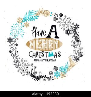 Merry Christmas Wreath with snowflakes and floral patterns. Vector illustration Stock Vector