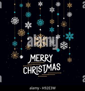 Merry Christmas Decorations. Hanging snowflakes and merry christmas sign. Vector illustration. Stock Vector