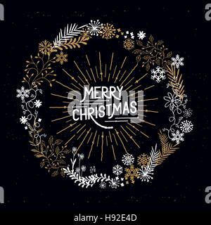 Merry Christmas Wreath with snowflakes and floral patterns. Vector illustration Stock Vector