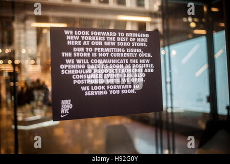 The new Nike store in Soho in New York sees its opening delayed due to unspecified 'permitting issues', seen on Sunday, November 13, 2016. (© Richard B. Levine) Stock Photo