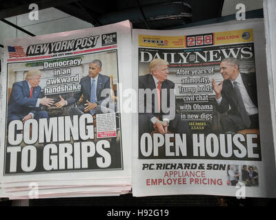 New York newspapers on Friday, November 11, 2016 report on the previous day's meeting between President Barack Obama and President-elect Donald Trump.  (© Richard B. Levine) Stock Photo