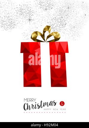 Merry christmas and happy new year red xmas gift box ornament in low poly style, holiday decoration card design. EPS10 vector. Stock Vector