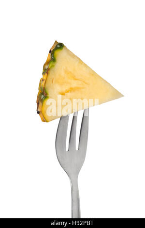 Slice of pineapple on a fork isolated on white background Stock Photo
