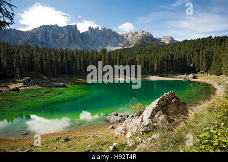 The green Lake of Carezza, in September. South Tyrol,  Italy. Stock Photo