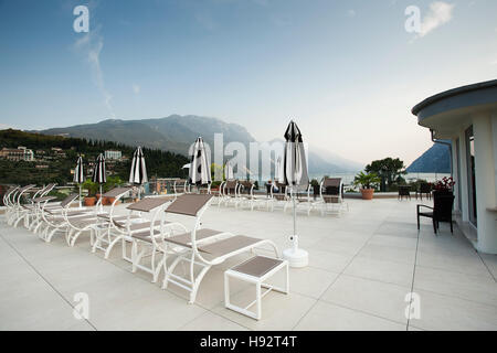 Lake Garda from the hotel roof terraced, Trentino region, South Tyrol, Italy. Stock Photo