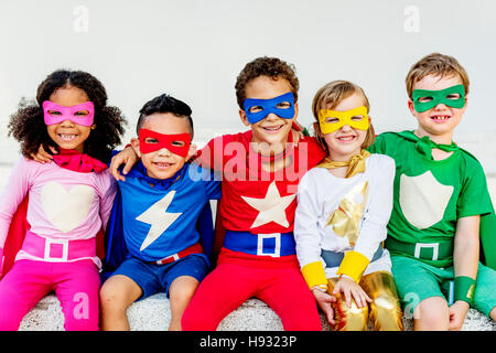 Superheroes Kids Friends Playing Togetherness Concept Stock Photo