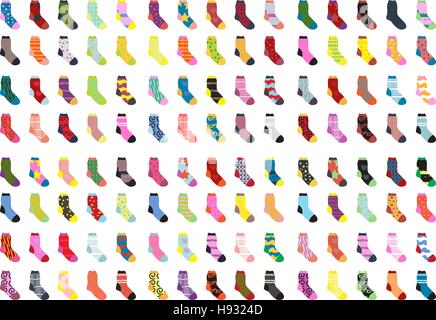 Socks big set icons. Socks collection, flat design. Socks isolated on white background. Warm woolen socks with cute patterns. Winter socks. Vector illustration Stock Vector