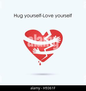 Broken heart icon.Hug yourself or Love yourself logo.Love and Heart Care logo.Heart shape and healthcare & medical concept.Vector illustration Stock Vector