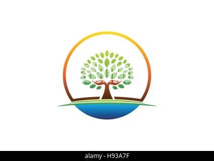 hand tree logo, circle natural hands tree symbol, circle wellness icon, yoga health care vector design Stock Vector