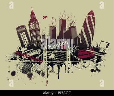 illustration of London landmarks in grunge style Stock Vector