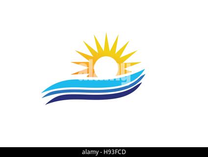 wave sun logo, sunset and sunrise logotype concept symbol icon vector design Stock Vector