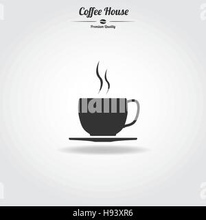 Simple black icon with shadow. Coffee cup, saucer and aroma steam. Stock Vector