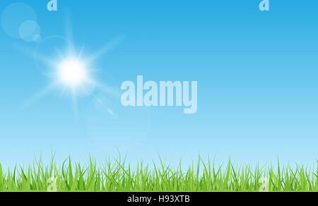 Sun with rays and flares on blue sky. Green grass lawn. Stock Vector