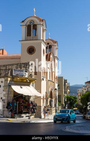 CRETE, GREECE - JULY 11, 2016: The Church of the Holy Trinity of the coastal town of Agios Nikolaos. Stock Photo