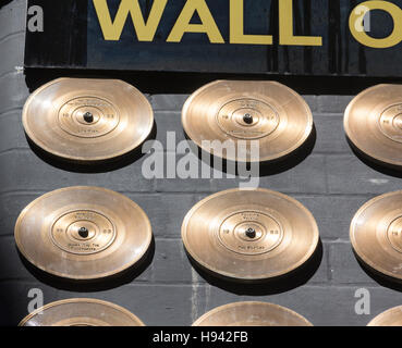 Small section of the Liverpool wall of fame, Mathew Street, bronze discs commemorating number one records by Liverpool artists. Stock Photo