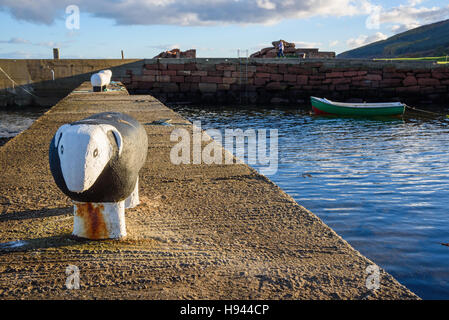 Sheep shaped bollards / cleats at Corrie harbour, Isle of Arran, North Ayrshire, Scotland Stock Photo