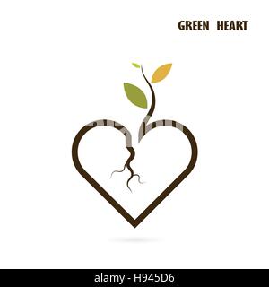 Heart sign and small tree icon with Green concept.Love nature creative logo design template.Green leaf and heart shape symbol. Ecology and Think green Stock Vector