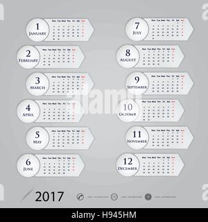 2017 Calendar Vector design stationery template.Calendar for 2017 year.Week starts Monday.Yearly calendar template.Calendar 2017 Set of 12 Months.Vect Stock Vector