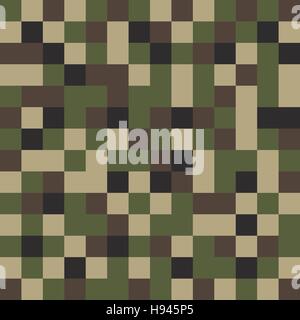 Square camouflage pattern background seamless. Classic clothing style masking camo repeat print. Green brown black olive colors forest texture.Vector Stock Vector