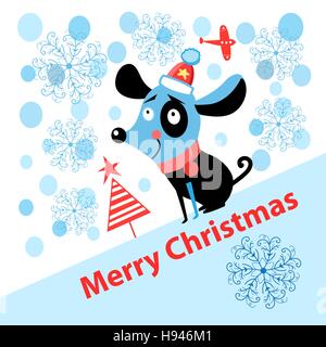 Christmas card with a cheerful puppy on a background with snowflakes Stock Vector