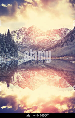 Vintage toned Maroon Bells at sunset, Aspen, Colorado. Stock Photo