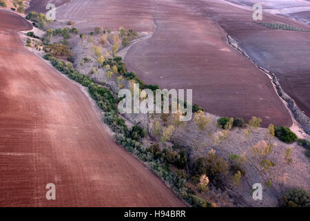 Aerial view of a gully landform in the Jezreel Valley a large fertile plain and inland valley south of the Lower Galilee region in northern Israel Stock Photo