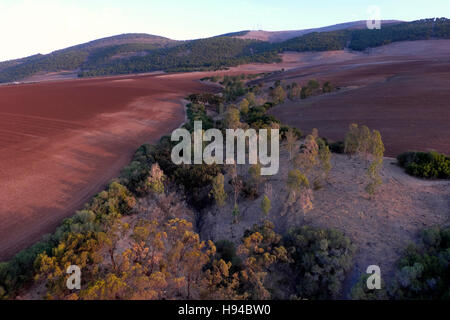 Aerial view of a gully landform in the Jezreel Valley a large fertile plain and inland valley south of the Lower Galilee region in northern Israel Stock Photo