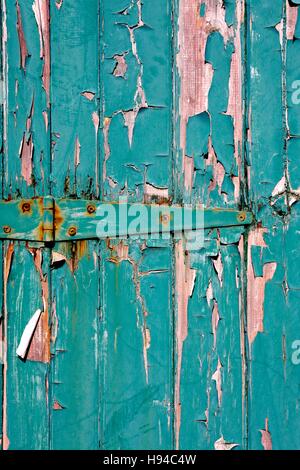 Weathered green door, grungy peeling paint background Stock Photo