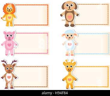 Set animal blank template for text. Lion, giraffe, sheep, pig, deer, dog. Baby invitation. Vector illustration Stock Vector