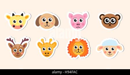 cute baby animal head stickers vector illustration Stock Vector
