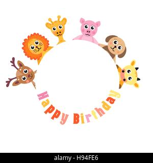 Postcard Happy Birthday, cute animals. Blank space for text baby animals, vector illustration Stock Vector