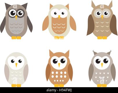 Cute cartoon owl set. Owls in shades of gray. Vector illustration Stock Vector