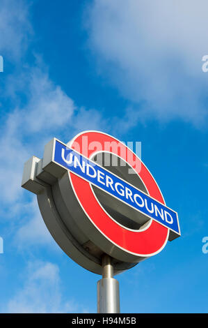 LONDON - NOVEMBER 14, 2016: Classic London Underground roundel sign, an icon credited to the manager Frank Pick in the 1900s. Stock Photo