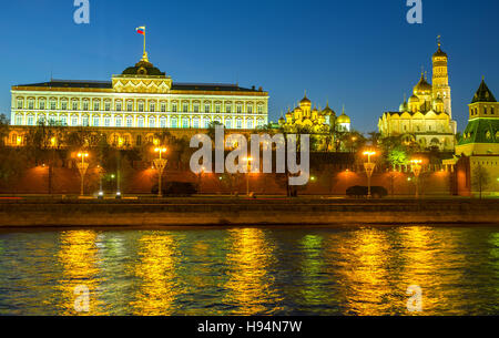 The Sofiyskaya embankment opens view on the Grand Kremlin Palace and Cathedrals, located behind the walls of Moscow Kremlin, Russia. Stock Photo