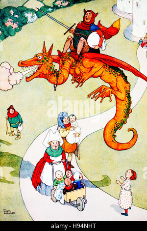 He flew swift as an arrow over mountain and valley, half tone colour Children’s Book Illustration by William Heath Robinson, from 1934 Book of Goblins Stock Photo