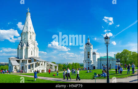 The architectural ensemble of Kolomenskoye with the white stone Ascension Church, St George the Victorious Bell Tower Stock Photo