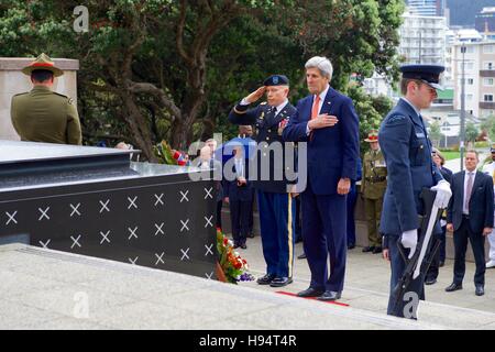 U.S. Secretary of State John Kerry, joined by a U.S. Army Colonel, pauses after laying a wreath at the Tomb of the Unknown Warrior at Pukeahu National War Memorial Park at Anzac Square in Wellington, New Zealand, on November 13, 2016. Stock Photo