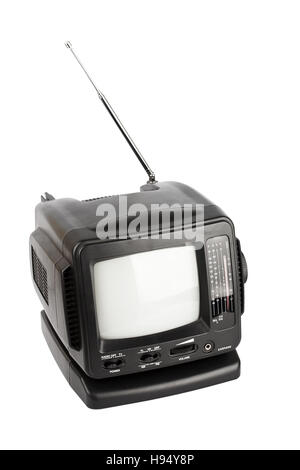 Black portable TV with radio isolated on white Stock Photo