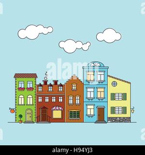 Colorful facades of buildings on small village main street Stock Vector