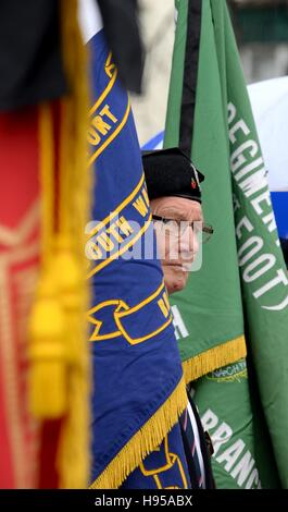 Merchant Navy Service Newport Wales UK Saturday 19th November 2016 A standard bearer remberers his comrades at the Merchant Navy Association City of Newport Branch Service of Remembrance at the Merchant Seaman's Memorial at Mariners Green Newport. Credit:  Steven Phillips/Alamy Live News Stock Photo