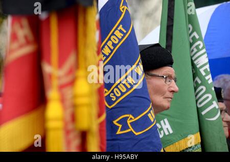 Merchant Navy Service Newport Wales UK Saturday 19th November 2016 A standard bearer remberers his comrades at the Merchant Navy Association City of Newport Branch Service of Remembrance at the Merchant Seaman's Memorial at Mariners Green Newport. Credit:  Steven Phillips/Alamy Live News Stock Photo