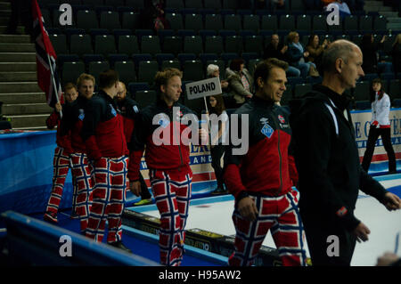 Braehead Arena, Renfrewshire, Scotland, 19 November 2016. The Norwegian men's team enter the arena for the opening ceremony of the Le Gruyère AOP European Curling Championships 2016. Credit:  Colin Edwards / Alamy Live News Stock Photo