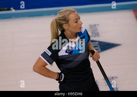 Braehead Arena, Renfrewshire, Scotland, 19 November 2016. Anna Sloan playing for Scotland in the Le Gruyère AOP European Curling Championships 2016 Credit:  Colin Edwards / Alamy Live News Stock Photo