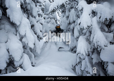 Snowboarding the powder on the ski resort of Saint Gervais Les Bains Stock Photo